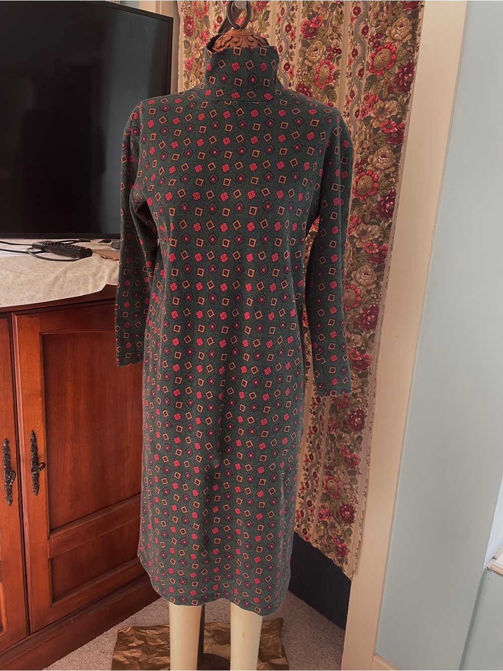 Vintage Lands End Mock Turtleneck Knit Dress Green 100% Cotton S